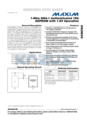 DS28E02 datasheet - 1-Wire SHA-1 Authenticated 1Kb EEPROM with 1.8V Operation