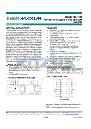 DS28E04-100 datasheet - 4096-Bit Addressable 1-Wire EEPROM with PIO
