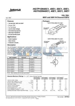 HGTH20N50E1 datasheet - 15A, 20A, 400V and 500V N-Channel IGBTs