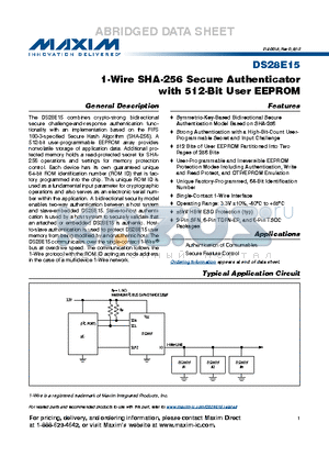 DS28E15 datasheet - 1-Wire SHA-256 Secure Authenticator with 512-Bit User EEPROM