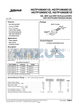 HGTP10N40E1D datasheet - 10A, 400V and 500V N-Channel IGBTs with Anti-Parallel Ultrafast Diodes