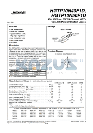 HGTP10N50F1D datasheet - 10A, 400V and 500V N-Channel IGBTs with Anti-Parallel Ultrafast Diodes