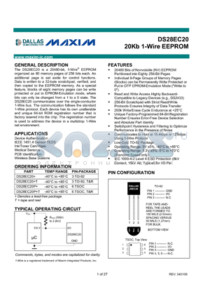 DS28EC20 datasheet - 20Kb 1-Wire EEPROM