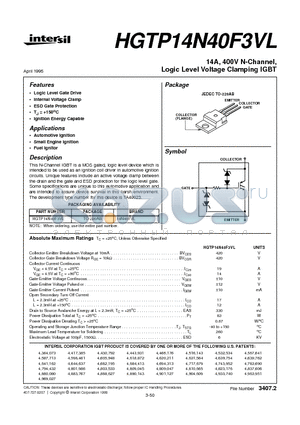 HGTP14N40F3VL datasheet - 14A, 400V N-Channel, Logic Level Voltage Clamping IGBT