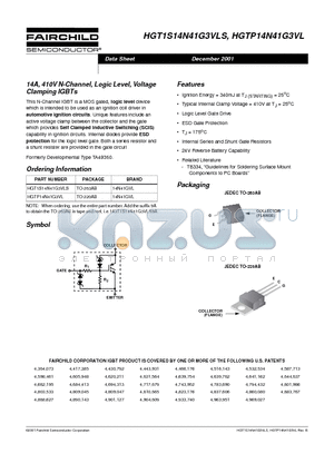 HGTP14N41G3VL datasheet - 14A, 410V N-Channel, Logic Level, Voltage Clamping IGBTs