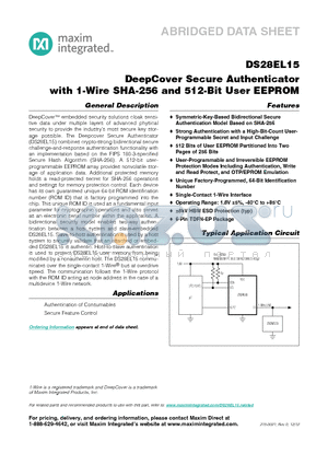 DS28EL15 datasheet - DeepCover Secure Authenticator with 1-Wire SHA-256 and 512-Bit User EEPROM