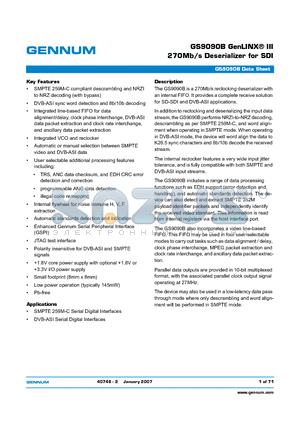 GS9090B datasheet - GenLINX^ III 270Mb/s Deserializer for SDI