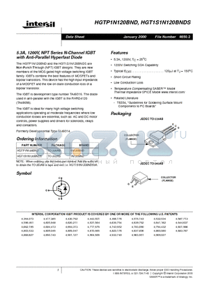 HGTP1N120BND datasheet - 5.3A, 1200V, NPT Series N-Channel IGBT with Anti-Parallel Hyperfast Diode