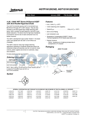 HGTP1N120CND datasheet - 6.2A, 1200V, NPT Series N-Channel IGBT with Anti-Parallel Hyperfast Diode