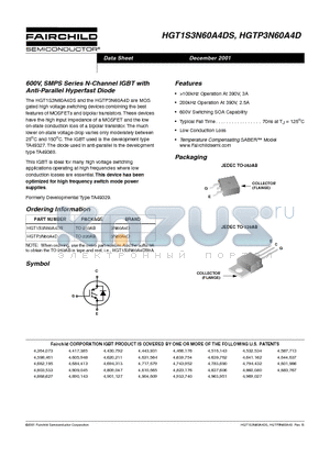 HGTP3N60A4 datasheet - 600V, SMPS Series N-Channel IGBT with Anti-Parallel Hyperfast Diode