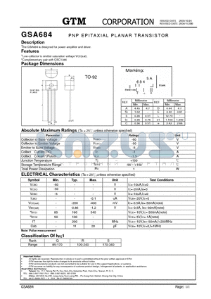 GSA684 datasheet - PNP EPITAXIAL PLANAR TRANSISTOR