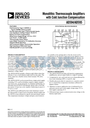 AD594AD datasheet - Monolithic Thermocouple Amplifiers with Cold Junction Compensation