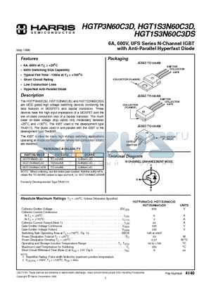 HGTP3N60C3D datasheet - 6A, 600V, UFS Series N-Channel IGBT with Anti-Parallel Hyperfast Diode