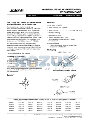 HGTP5N120 datasheet - 21A, 1200V, NPT Series N-Channel IGBTs with Anti-Parallel Hyperfast Diodes