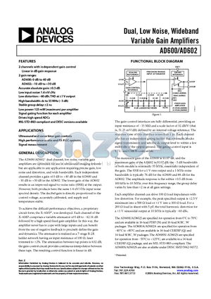 AD600JR datasheet - Dual, Low Noise, Wideband Variable Gain Amplifiers
