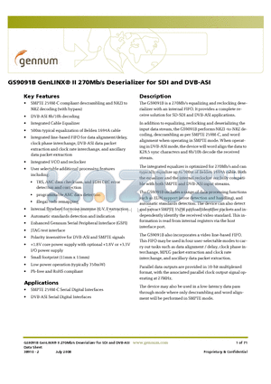 GS9091B datasheet - GenLINX II 270Mb/s Deserializer for SDI and DVB-ASI