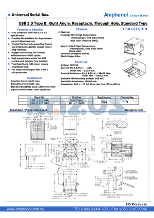 GSB321131HR datasheet - USB 3.0 Type B. Right Angle, Receptacle, Through Hole, Standard Type