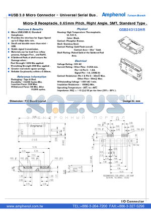 GSB343133HR datasheet - Micro-B Receptacle, 0.65mm Pitch, Right Angle, SMT, Standard Type .