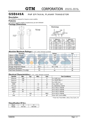 GSB649A datasheet - PNP EPITAXIAL PLANAR TRANSISTOR