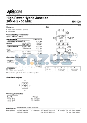 HH-108BNC datasheet - High-Power Hybrid Junction 200 kHz - 35 MHz