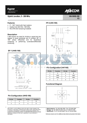 HH-109 datasheet - Hybrid Junction, 5 - 200 MHz