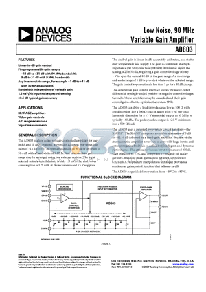 AD603AQ datasheet - Low Noise, 90 MHz Variable Gain Amplifier