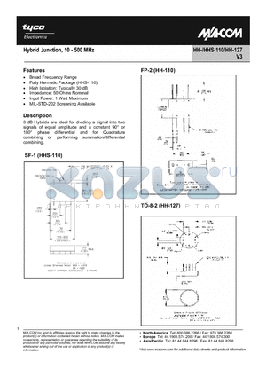 HH-127 datasheet - Hybrid Junction, 10 - 500 MHz