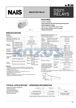 DS2Y-SL2-DC9V datasheet - 2 Form C contact High sensitivity-200 mW nominal operating power