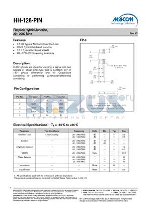 HH-128PIN datasheet - Flatpack Hybrid Junction, 20 - 2000 MHz