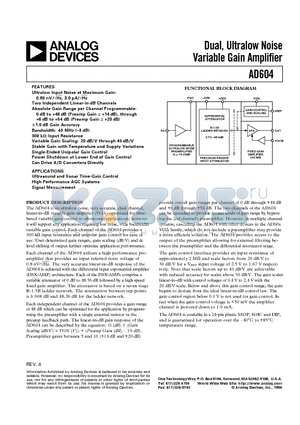 AD604AN datasheet - Dual, Ultralow Noise Variable Gain Amplifier