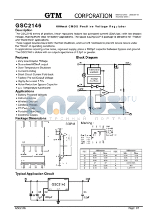 GSC2146 datasheet - 600mA CMOS POSITIVE VOLTAGE REGULATOR