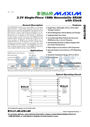 DS3070W datasheet - 3.3V Single-Piece 16Mb Nonvolatile SRAM with Clock