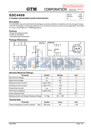 GSC4409 datasheet - P-CHANNEL ENHANCEMENT MODE POWER MOSFET