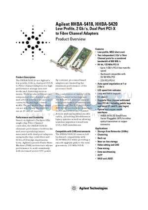 HHBA-5420XP1 datasheet - Low Profile, 2 Gb/s, Dual Port PCI-X to Fibre Channel Adapters