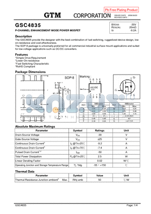 GSC4835 datasheet - P-CHANNEL ENHANCEMENT MODE POWER MOSFET