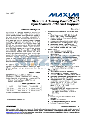 DS3102GN datasheet - Stratum 3 Timing Card IC with Synchronous Ethernet Support