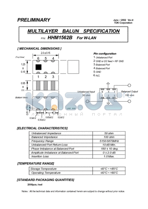 HHM1562B datasheet - MULTILAYER BALUN SPECIFICATION