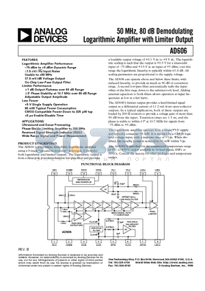 AD606 datasheet - 50 MHz, 80 dB Demodulating Logarithmic Amplifier with Limiter Output