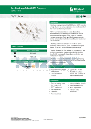 E320116 datasheet - Littelfuse highly reliable CG/CG2 Series GDTs provide a high degree of surge protection in a small size ideal for board level circuit protection.