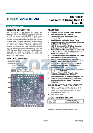 DS3100DK datasheet - Stratum 3/E3 Timing Card IC Demo Kit