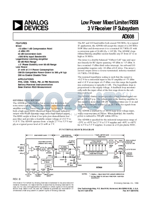 AD608 datasheet - Low Power Mixer/Limiter/RSSI 3 V Receiver IF Subsystem