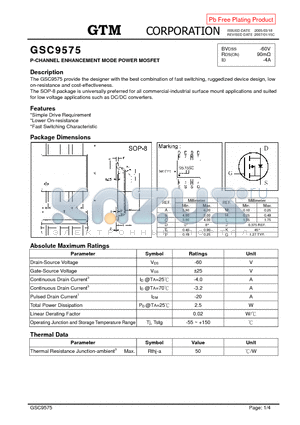 GSC9575 datasheet - P-CHANNEL ENHANCEMENT MODE POWER MOSFET