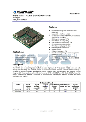 HHS40ZD datasheet - HHS40 Series . 40A Half-Brick DC/DC Converter 48V Input 3.3V, 2.5V Output