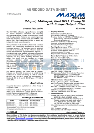 DS31400 datasheet - 8-Input, 14-Output, Dual DPLL Timing IC with Sub-ps Output Jitter