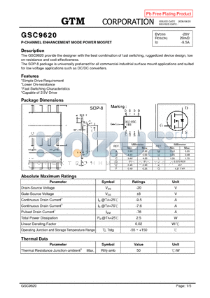 GSC9620 datasheet - P-CHANNEL ENHANCEMENT MODE POWER MOSFET
