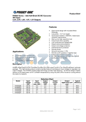 HHS60ZA datasheet - HHS60 Series . 60A Half-Brick DC/DC Converter 48V Input 3.3V, 2.5V, 1,8V, 1.5V, 1.2V Outputs