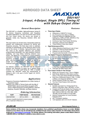 DS31407 datasheet - 3-Input, 4-Output, Single DPLL Timing IC with Sub-ps Output Jitter Differential