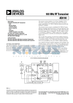 AD6190 datasheet - 900 MHz RF Transceiver