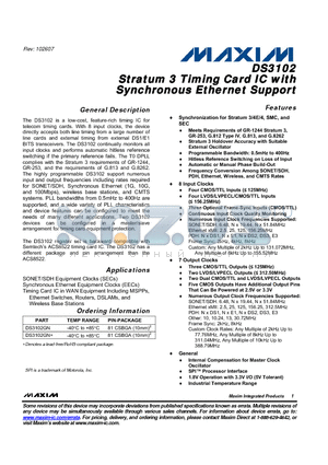 DS3102 datasheet - Stratum 3 Timing Card IC with Synchronous Ethernet Support