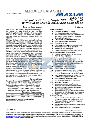 DS31415GN+ datasheet - 3-Input, 4-Output, Single DPLL Timing IC with Sub-ps Output Jitter and 1588 Clock